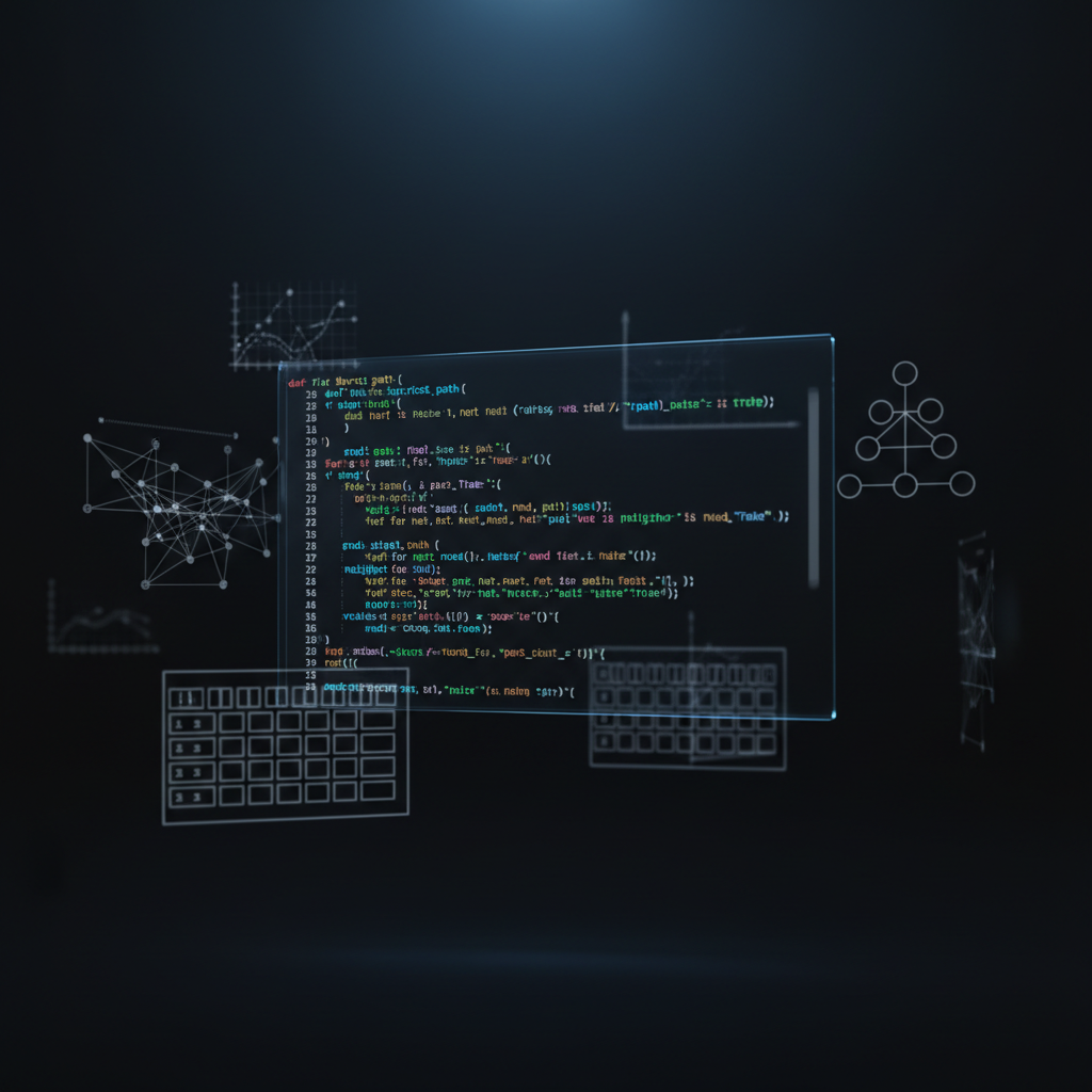 A minimalist dark-themed terminal window projected onto a matte black background, showing a clear algorithmic solution in a monospaced font, with highlighted syntax in cyan, green, and amber. Around the terminal, faint, semi-transparent overlays of data structures—arrays, trees, graphs—float subtly, rendered as fine white line art. The scene is set in an abstract, infinite digital space with no physical objects, illuminated by a soft, cool blue ambient glow that creates a calm, high-tech feel. Photographic, cinematic realism with a slightly wide-angle composition and shallow depth of field that keeps the command line in sharp focus while the surrounding diagrams softly blur. The mood is analytical and professional, emphasizing the logic and clarity of coding interview preparation.
